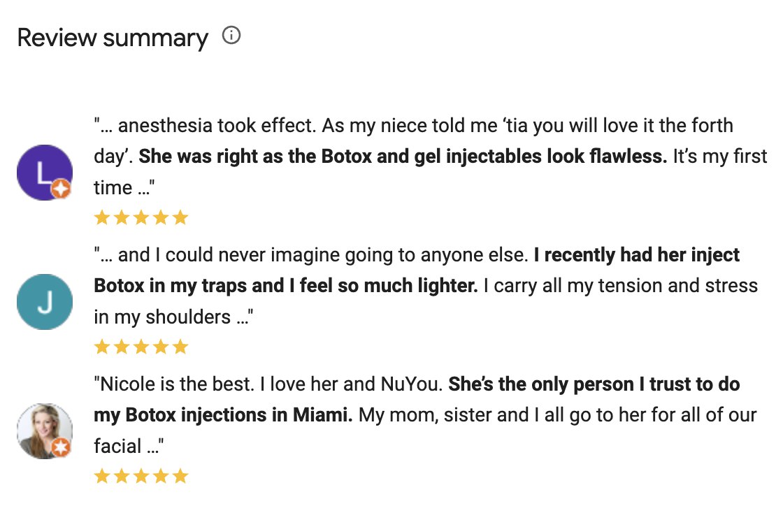 Google reviews mentioning Botox treatments with 5-star ratings