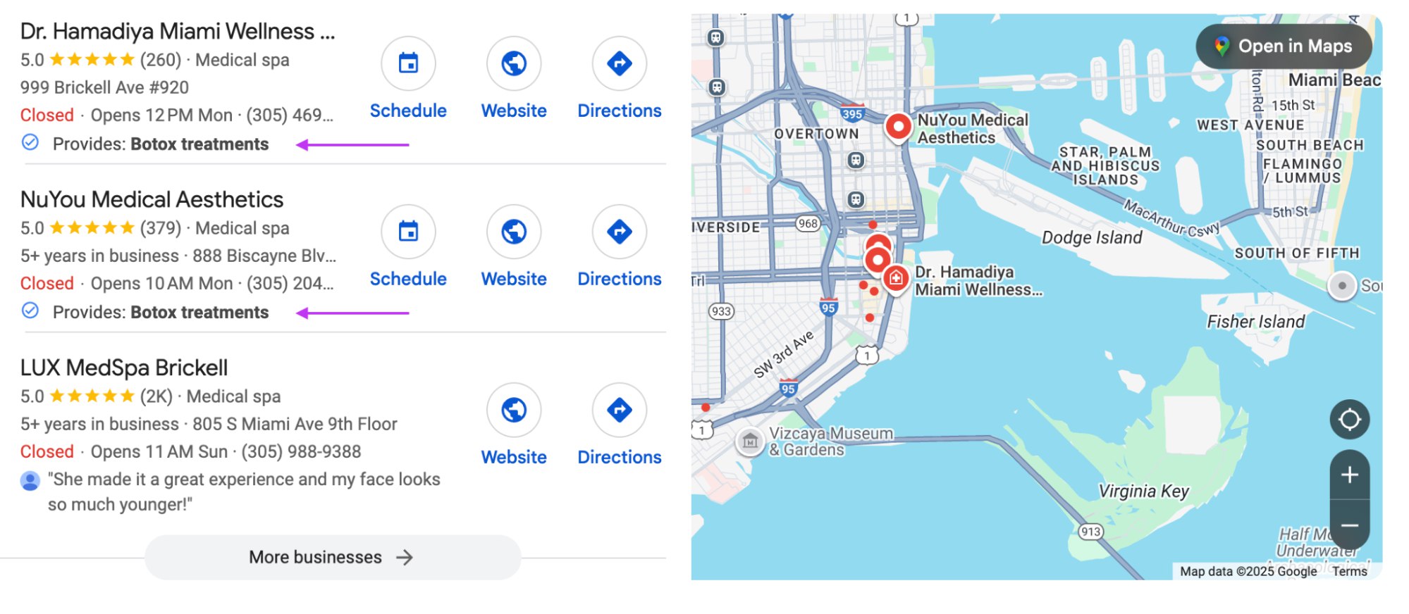 Google Local 3-Pack showing MedSpas with Botox treatments service listing