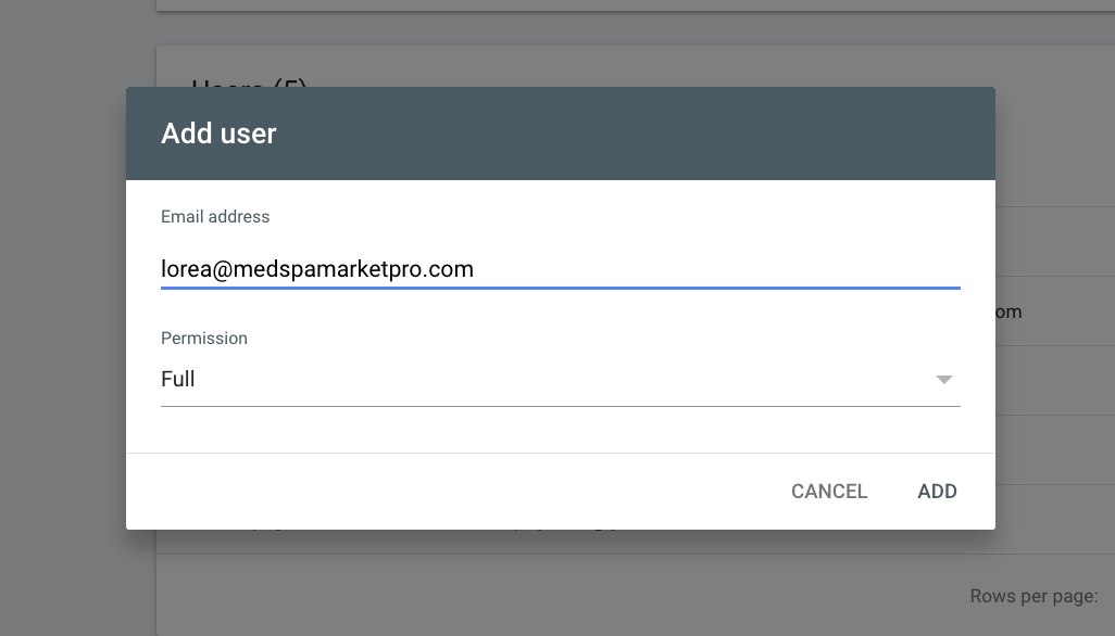 Google Search Console Add User dialog showing lorea@medspamarketpro.com in the email field with Full permission selected