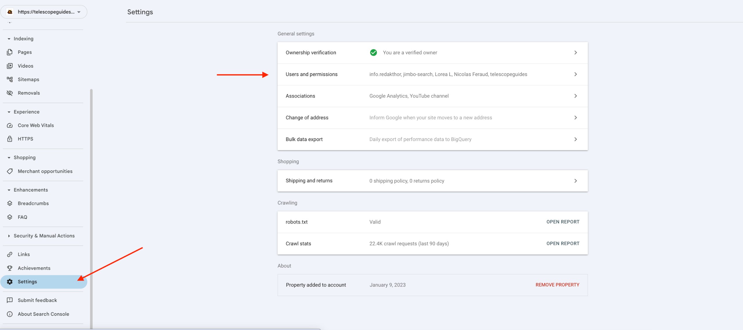 Google Search Console Settings page with Users and permissions row highlighted