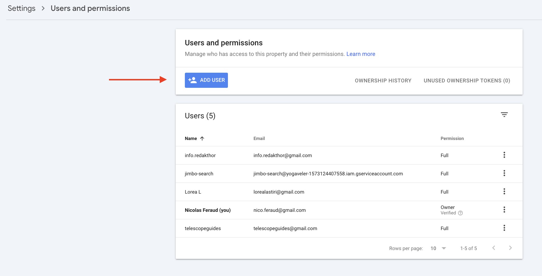 Google Search Console Users and permissions panel with ADD USER button highlighted