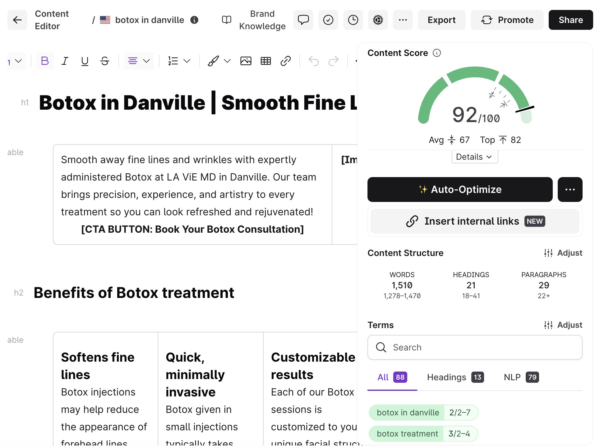 SurferSEO content editor showing a 92/100 content score for a Botox in Danville local landing page
