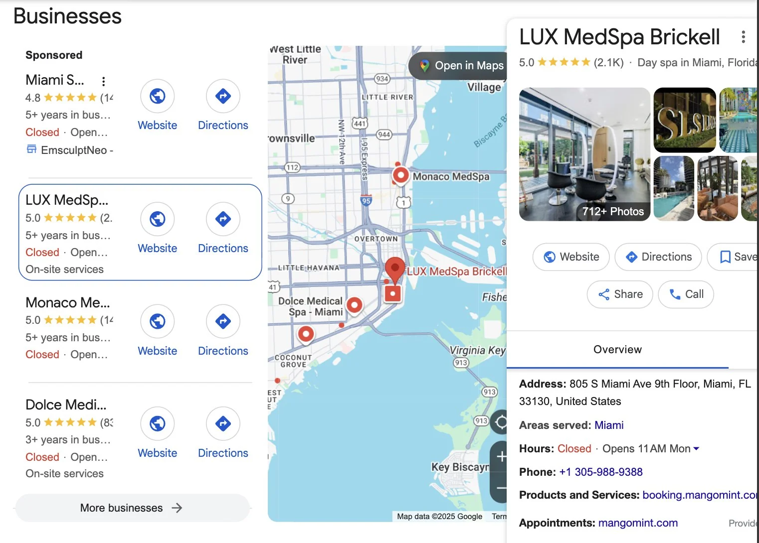 Google Local Pack showing MedSpa listings with reviews, map, and business details