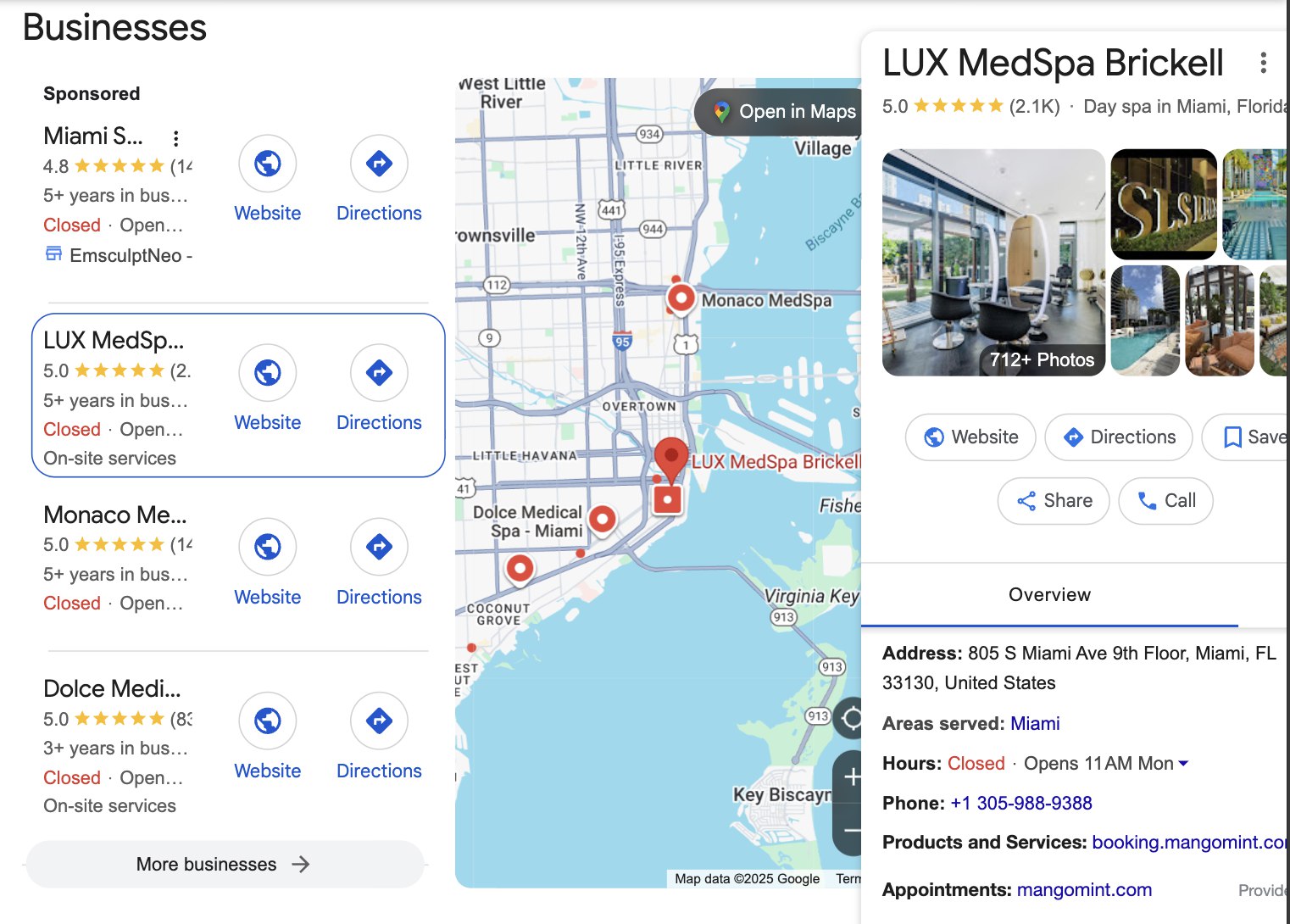Google Local Pack showing MedSpa listings with reviews, map, and business details