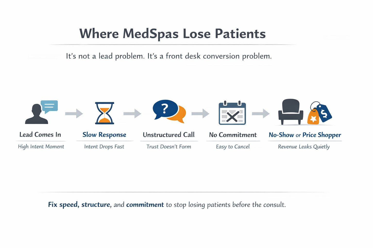 Infographic showing where MedSpas lose patients: slow response, unstructured call, no commitment, leading to no-shows and price shoppers