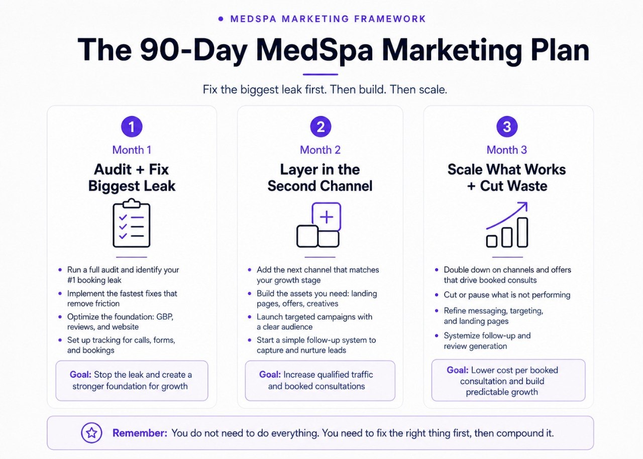 A 90-day medspa marketing plan showing month one audit and fix the biggest leak, month two layer in the second channel, and month three scale what works and cut waste.