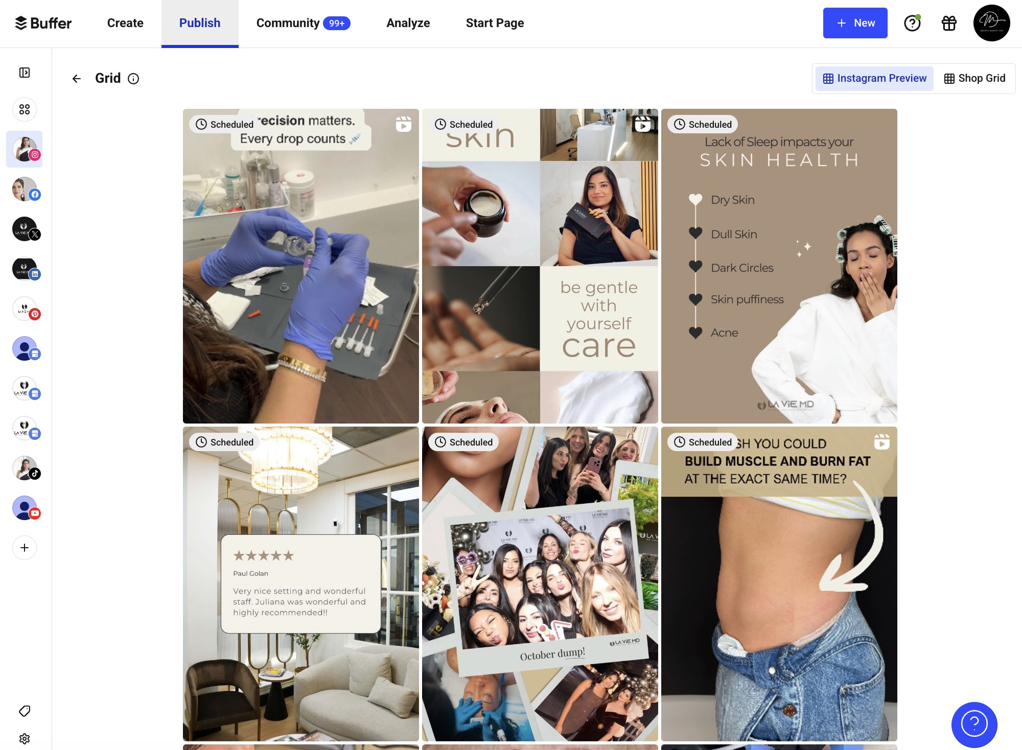 Buffer grid view showing scheduled MedSpa Instagram content with educational posts, reviews, and treatment highlights